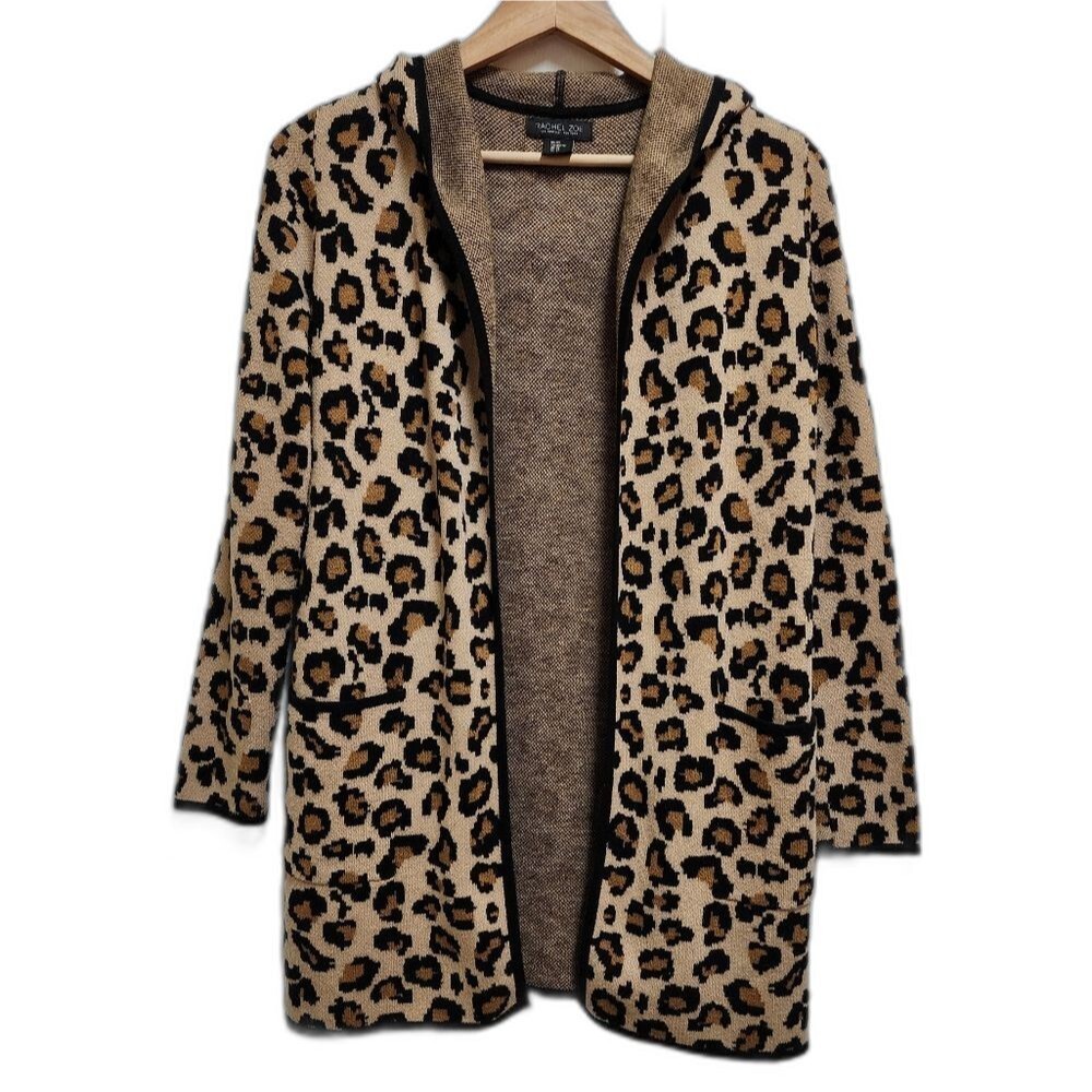 Rachel Zoe Cardigan Sweater Womens XS Leopard Print Hooded Pockets Open Longline